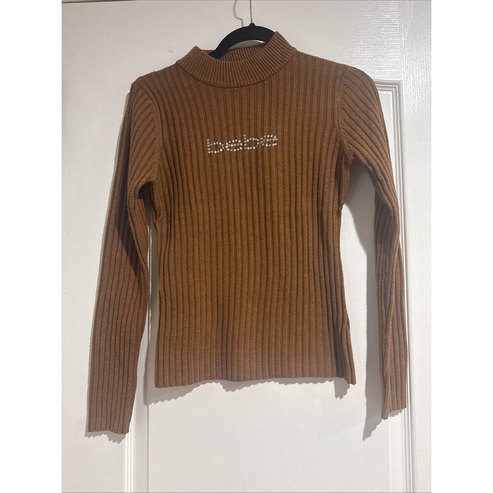 Y2K Bebe Rhinestone Logo Brown Ribbed Knit Mock Neck Sweater Size Small